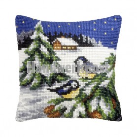kruissteekkussen wintertafereel, twee vogels