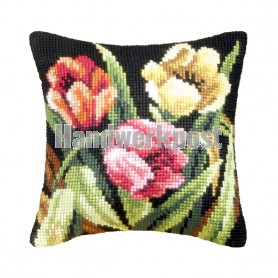 kruissteekkussen tulpen op zwart