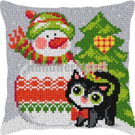 kruissteekkussen sneeuwpop met poes