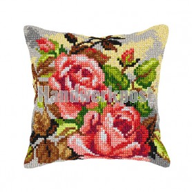 kruissteekkussen rozen in knop op grijs