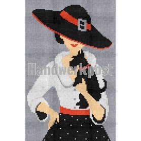 kruissteekwandkleed franse stijl, dame met hoed en terriër