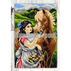 kruissteekwandkleed bloemenmeisje met paard