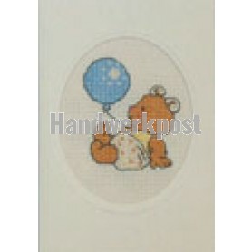 borduurpakket wenskaart, bobbi, beertje met ballon blauw