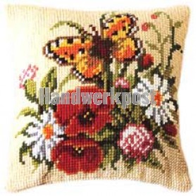 kruissteekkussen bloemen met vlinder