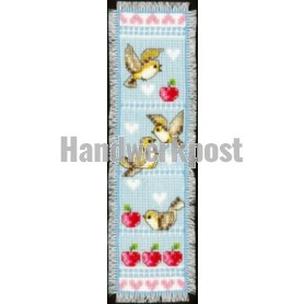 borduurpakket boekenlegger, vogels met appels/blauw