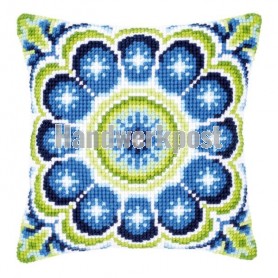 kruissteekkussen blauw/groen rozet
