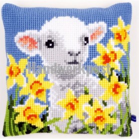 kruissteekkussen lammetje met narcissen