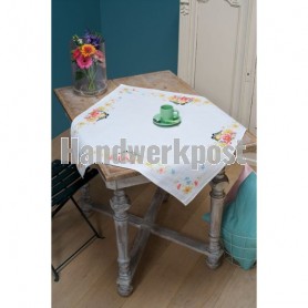 dekservet koolmeesjes met bloemen, wit met aida rand