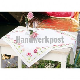 dekservet rose bloemen, wit met aida rand