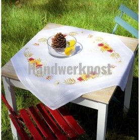 kruissteekdekservet papavers, zonnebloem en vlinder, wit