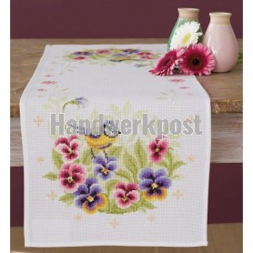 loper koolmeesje met viooltjes, wit op aida