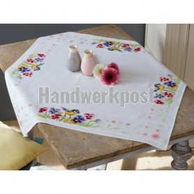 dekservet koolmeesje met viooltjes, wit met aida rand