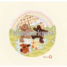 borduurpakket popcorn bear, dansen in de regenplas