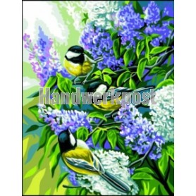 stramien + garenpakket, koolmeesjes met bloemen-1