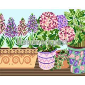 stramien + garenpakket, bloempotten in vensterbank