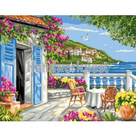 stramien + garenpakket, zonnige dag op het terras