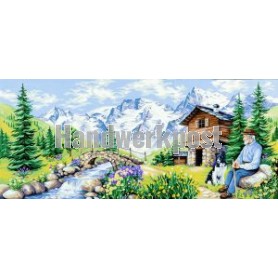 stramien + garenpakket, berglandschap met schapenherder