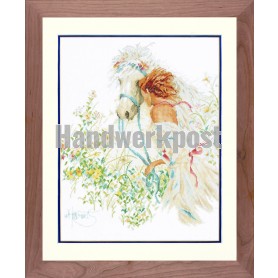borduurpakket willem haenraets, paard met vrouw en bloemen