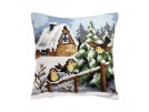 kruissteekkussen wintertafereel, drie vogels