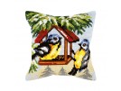 kruissteekkussen vogelhuisje met koolmeesjes