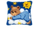 knoopkussen teddybeer op wolk, blauw