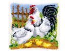knoopkussen haan, kip met kuikens
