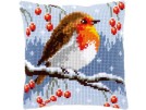 kruissteekkussen roodborstje in wintersfeer